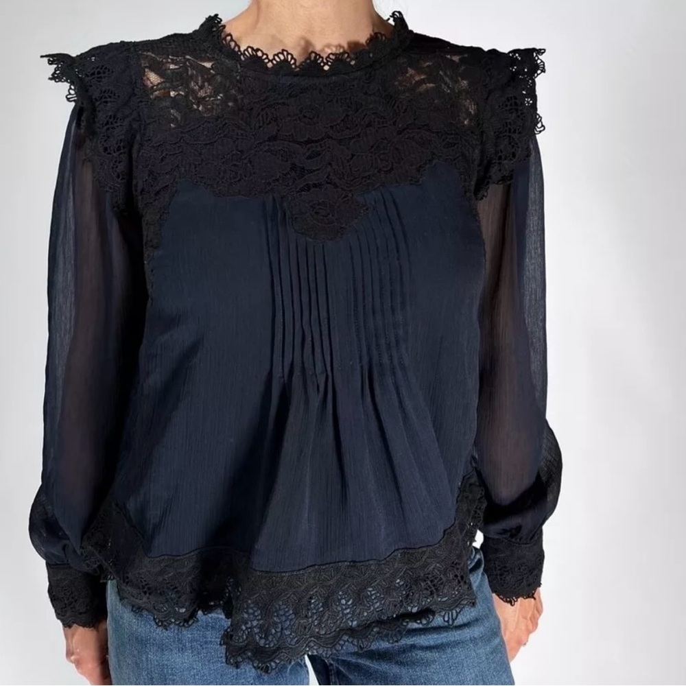Anthro Love Sam Floral Black Lace Top & Pleated Blouse In Navy Crocheted S Small - Picture 15 of 15
